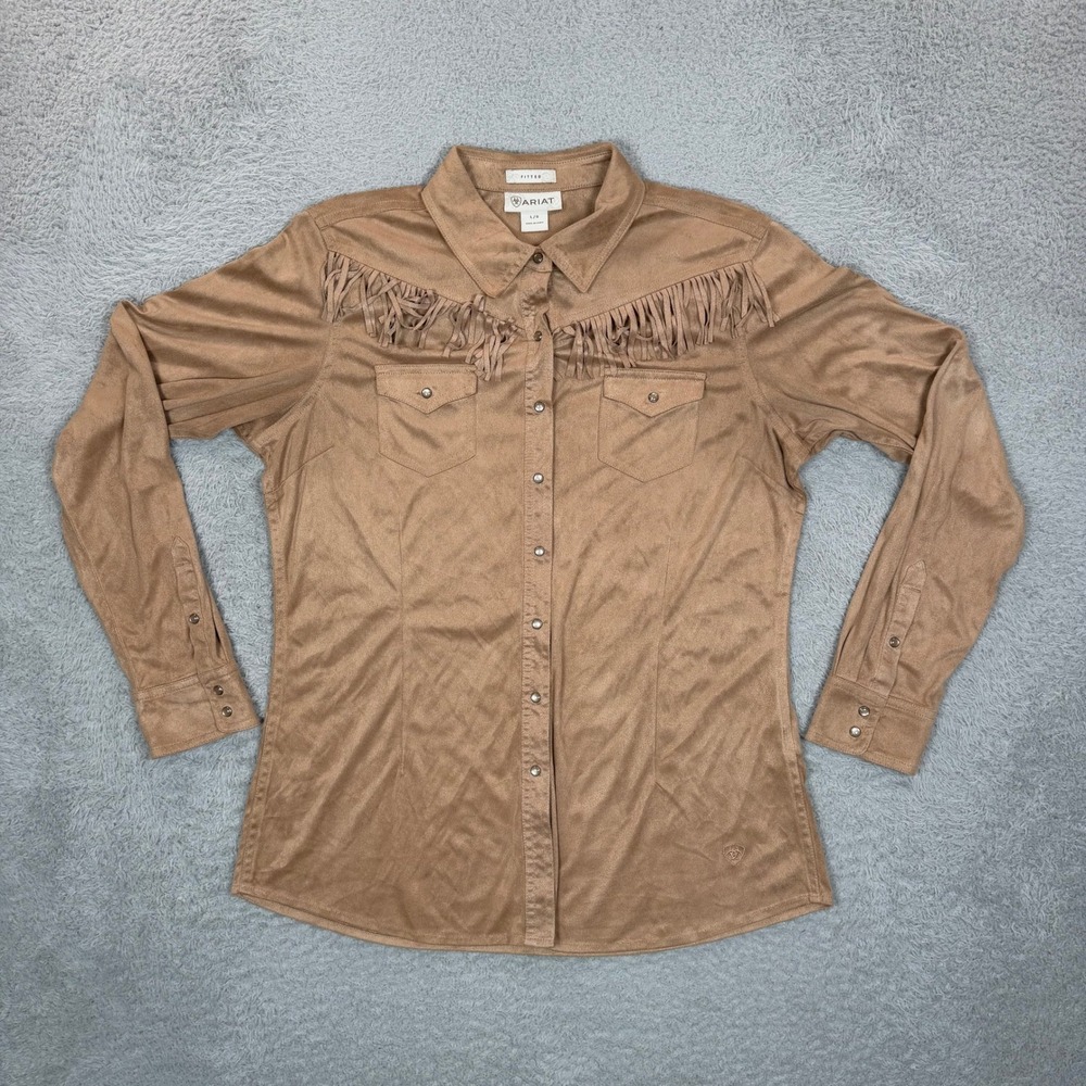 Ariat Womens Faux Suede Fringe Western Snap Shirt Tan Camel Fitted Large